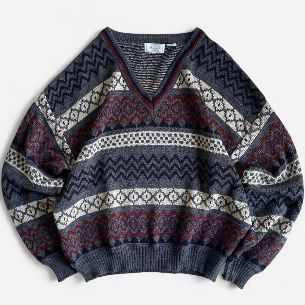 Vintage Sears The Men’s Store V Neck Grandpa Pullover Sweater Grey Burgundy